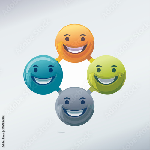 Conceptual illustration of diverse smiley faces connected, representing community, collaboration, and positive emotions