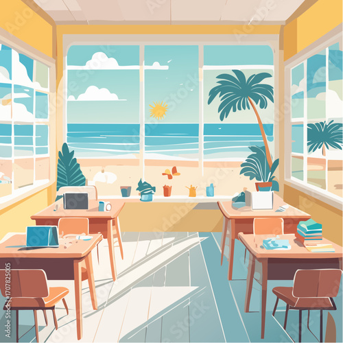 A bright and airy office interior overlooking a beautiful sandy beach, a concept for work-life balance and remote working