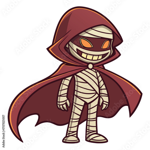 Smiling mummy cartoon character with orange eyes is wearing a red hooded cloak