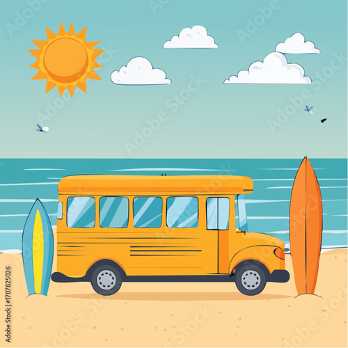 Summer vacation concept featuring a yellow travel bus and surfboards on a sunny tropical beach by the sea