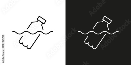 Plastic bottle floating in the ocean - vector editable stroke icon.