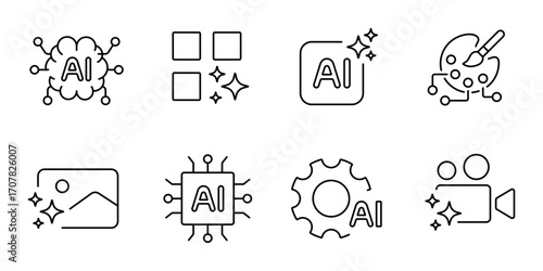 Photo and video content AI generation. AI content creation symbols. Vector editable stroke icons.