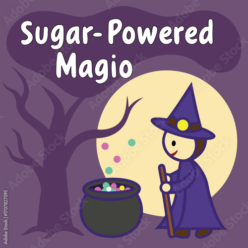Cartoon wizard in violet robes stands with a cauldron during the night scene