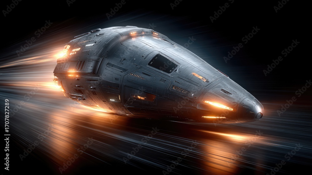 Fototapeta premium Futuristic spacecraft streaks through space