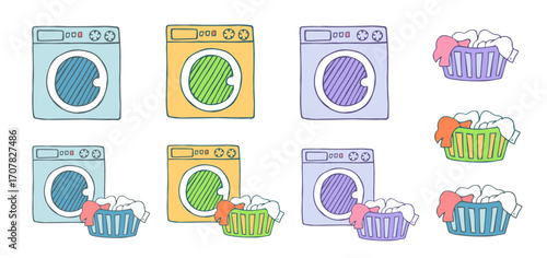 Hand drawn multi-colored washing machine and laundry basket isolated on white background. Cleaning tool, drawing doodle sketch. Vector clipart for laundry or household appliance illustration.