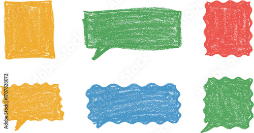 Colorful crayon drawn speech bubbles and shapes on transparent background