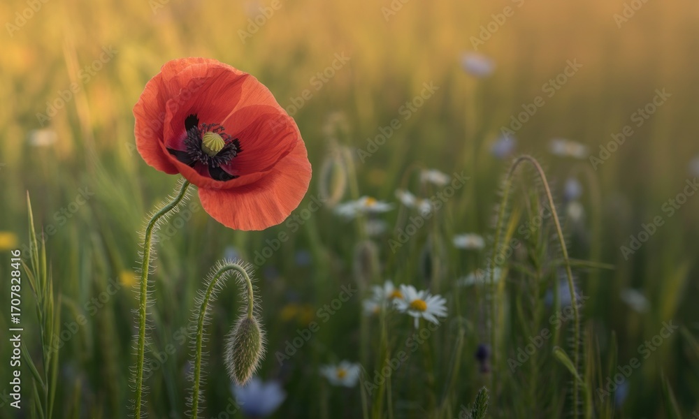 Naklejka premium Vivid poppy in a meadow at dawn