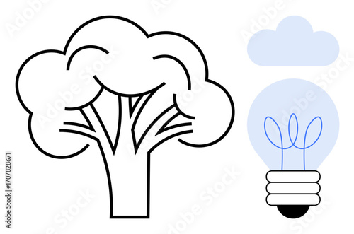 Minimalist tree, light bulb with leaves, and cloud combine to represent environmental conservation and creativity. Ideal for sustainability, innovation, eco-awareness, nature, clean energy, green