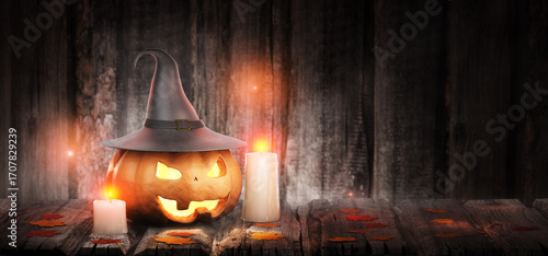 Fototapeta Naklejka Na Ścianę i Meble -  Holiday banner. Halloween lantern with yellow autumn leaves. Halloween concept. Pumpkin with a carved scary face in the smoke. Jack-o'-lantern. 3D rendering.