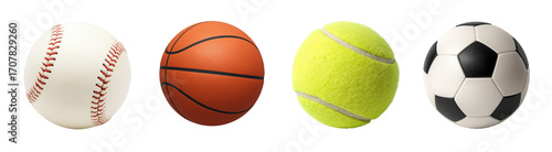 Baseball ball, football ball, tennis ball and football / soccer ball isolated on a transparent PNG / white background. Sports equipment. An element for a project, business, presentation, banner, etc.