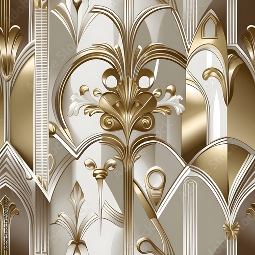Intricate art deco patterns showcase symmetrical designs with a metallic sheen. Curved lines and geometric shapes blend seamlessly in the composition.
