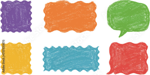 Colorful crayon shaped frames and speech bubble on transparent background