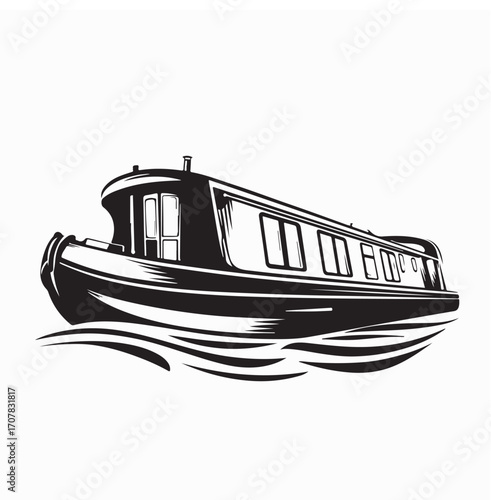 Fotografie Narrowboat River Canal Boat Vector with White Background Flat Minimal Design