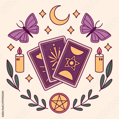 Three tarot cards with moon, stars, butterflies, candles and pentagram are beautifully arranged
