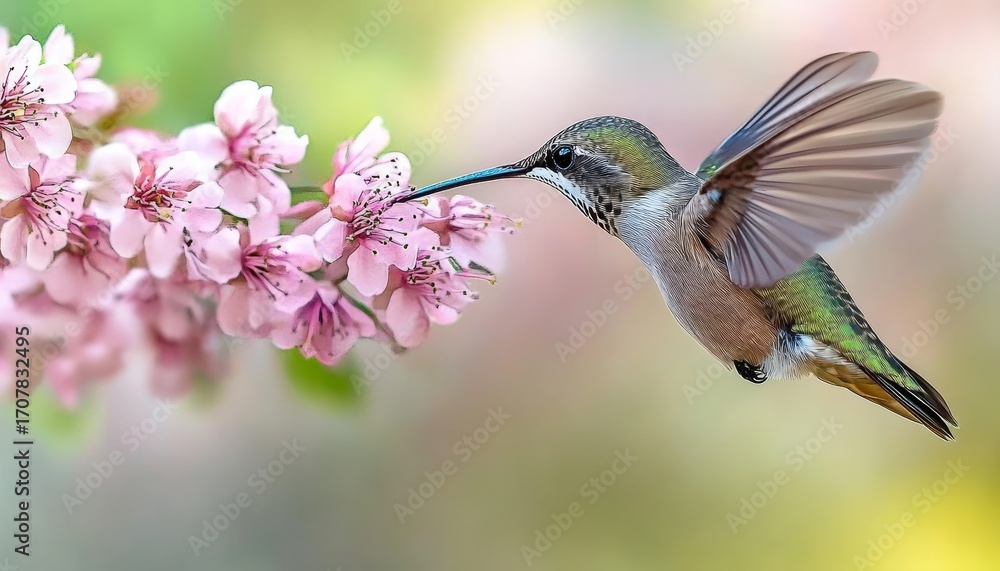 Fototapeta premium Hummingbird Sipping Nectar from Light Pink Cherry Blossoms in a Gentle Spring Afternoon Light