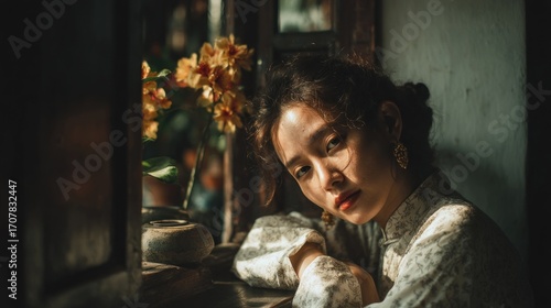 Pensive Asian woman with traditional dress next to a flower arrangement