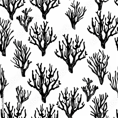 A repeating pattern of stylized black coral silhouettes on a white background, reminiscent of a hand-drawn or woodcut print.  The coral forms are varied but share a similar branching structure