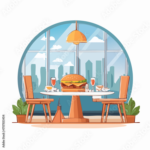 Pixel Art Restaurant Interior with Burger and City View