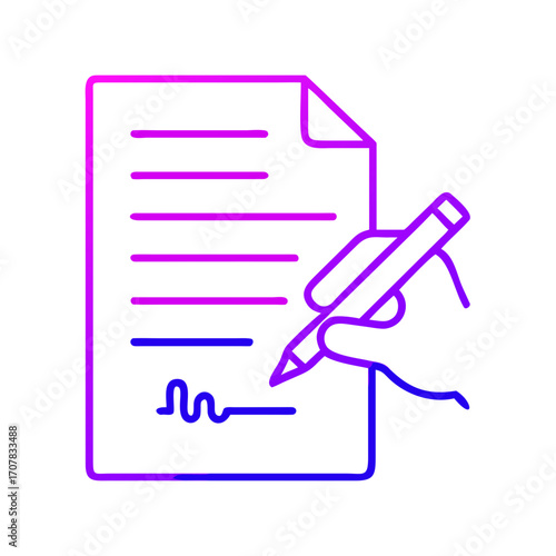 Hand holding a pen signing document with lines in minimalist style  
