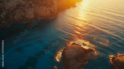 Cinematic aerial view of a rocky coastline at golden sunset with turquoise water. Scenic travel destination footage animation.