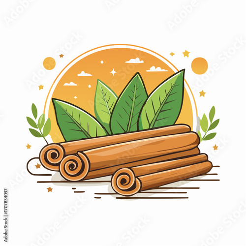 Cinnamon Sticks and Green Leaves on Wooden Surface with Orange and Yellow Background