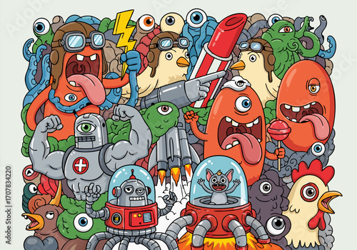 Vibrant Vector Illustration with Funny Monsters, Animals, and Robots in a Crazy Doodle Style