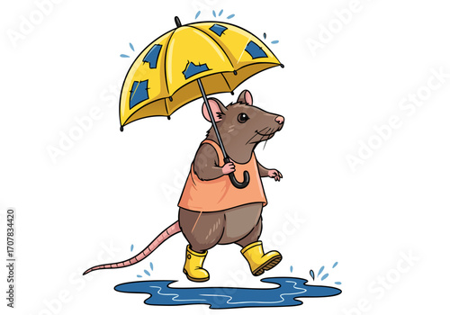 Adorable Rat Illustration Wearing Boots and Umbrella in Rainy Weather Scene