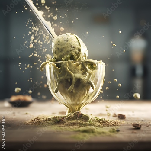 Matcha Ice Cream Spoon Mockup Splashing into Glass Cup