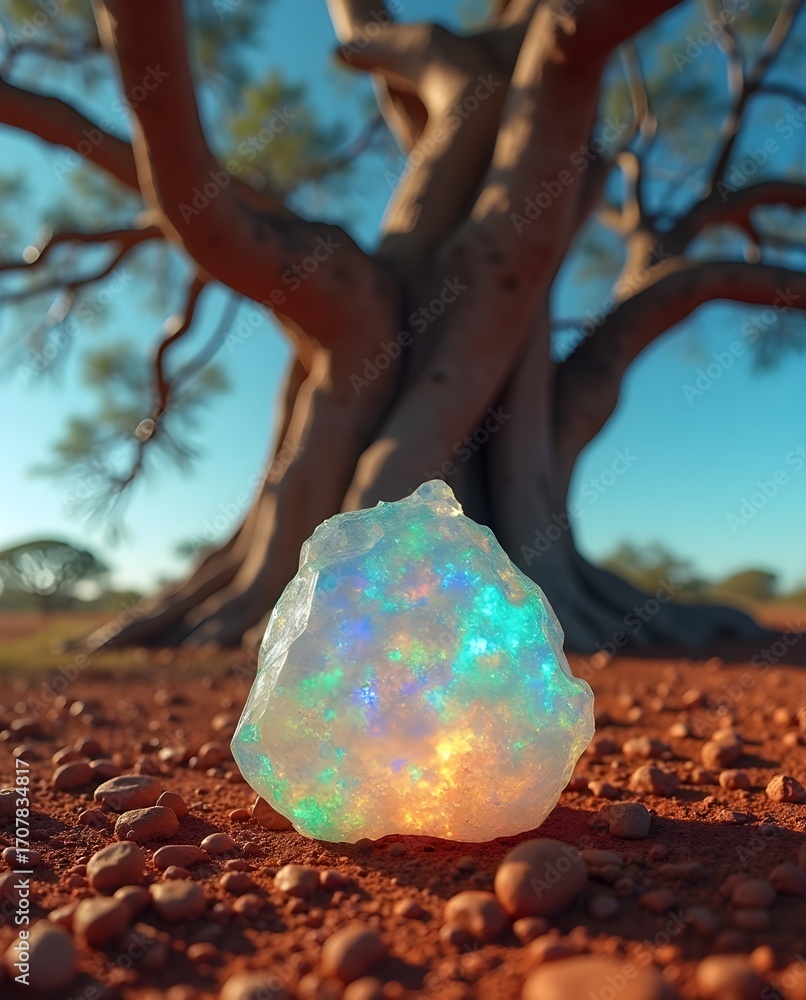 Fototapeta premium Glowing Gem in the Forest - A radiant gemstone emits a bright, colorful glow while resting on earthy ground. A large tree with sprawling branches stands in the background.