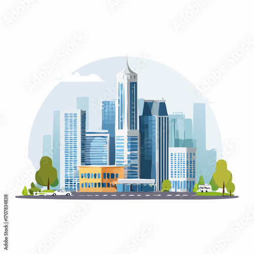 Modern Cityscape with Skyscrapers and Green Trees