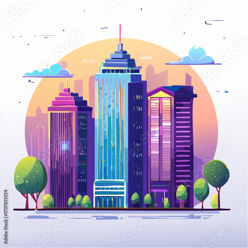 Pixel Art Cityscape with Colorful Buildings at Sunset
