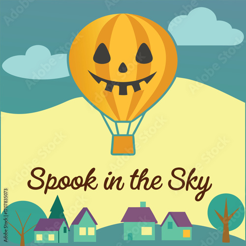 Jack o lantern balloon floats gently above colorful cartoon houses, transparent background