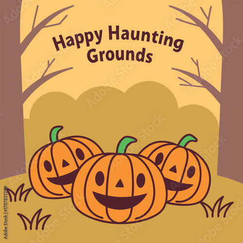 Smiling orange pumpkins stand cheerfully in an autumn with leafless trees around them