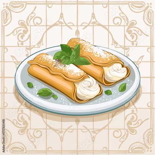 Two Golden Cream Filled Cannoli Pastry Dessert With Mint Garnish On Plate