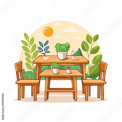 Pixel Art Illustration of Outdoor Cafe With Wooden Table and Chairs