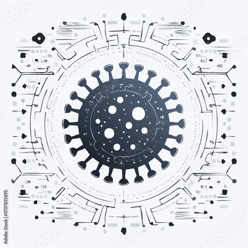 Stylized Virus Cell In Center Of Circuit Board