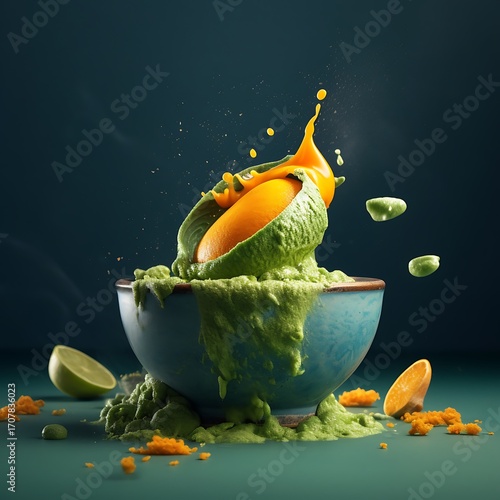 Avocado Mash Bowl Mockup with Splashing Orange Slice