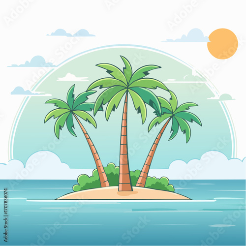 Pixel Art Tropical Island with Palm Trees and Calm Ocean