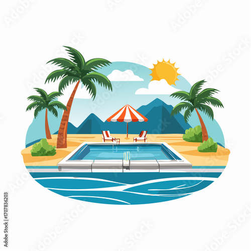 Tropical Beach Poolside Oasis with Palm Trees and Mountains