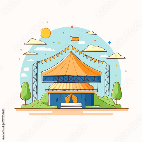 Large Orange And Blue Circus Tent Under Sunny Sky