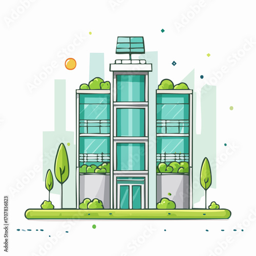 Green Eco-Friendly Building With Solar Panel and Lush Greenery