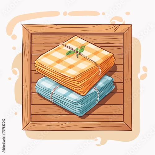 Orange And Blue Checked Napkins Tied With Twine On Wooden Board