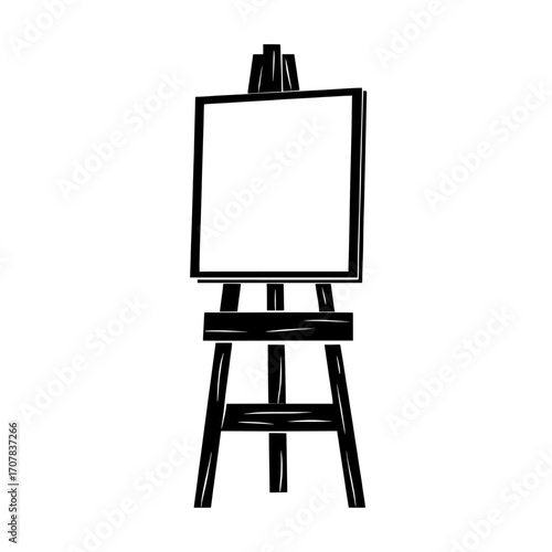 Modern realistic mockup of a wooden stand for paintings, featuring a blank white canvas in the front and an angled view, isolated on a transparent background with a tripod