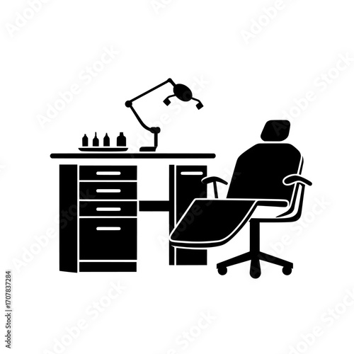 A dentist's office, including a stomatology room in a clinic or hospital, features a modern cartoon interior with a dental chair, table, lamp, and tools for oral care and tooth treatment
