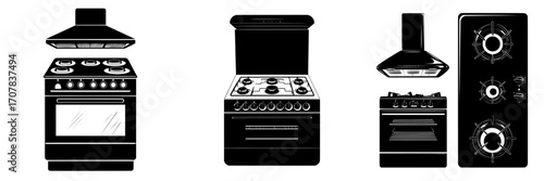 A gas stove featuring an oven and cooker hood is depicted in front view, isolated against a white background, as part of a modern and realistic set that includes a metal range hood and a top view of