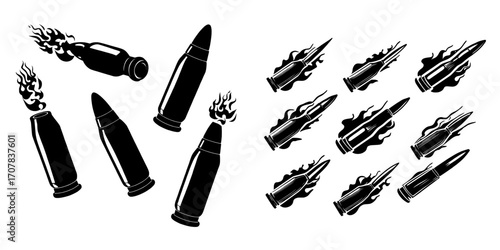 Bullets in flight, surrounded by flames and smoke trails, comprise a modern and realistic collection of projectiles of varying calibers, discharged from firearms, including guns and pistols, with
