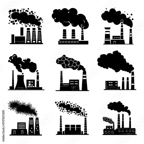 Black smoke with fire, dark fog clouds, or steam trails represent industrial smog, factory, or plant environmental air pollution in a realistic 3D modern illustration and icons set isolated on a