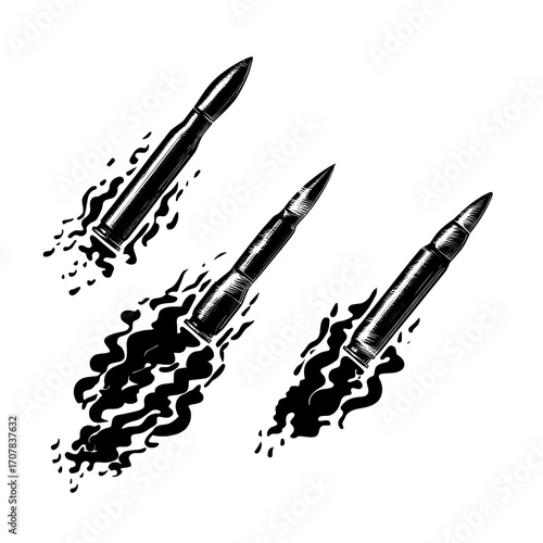 Bullets of various calibers, fired from a revolver, pistol, or other weapon, are captured in flight with smoke trails from the gunshot, presented as a modern and realistic set isolated on a