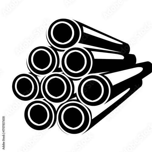 A collection of steel pipes is shown against a white backdrop, comprising a modern and realistic assortment of straight metal or PVC plumbing cylinders used in industrial settings