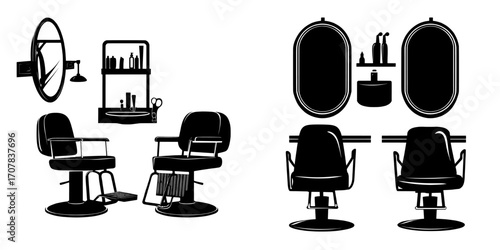 A modern cartoon set of furniture for a barbershop or beauty salon, including hairdresser chairs, mirrors, sink, and cosmetics, is depicted in a hair salon interior isolated on a white background